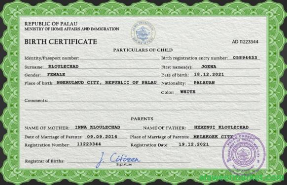 Palau birth certificate PSD template